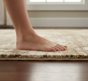 human foot is gently stepping onto the rug
